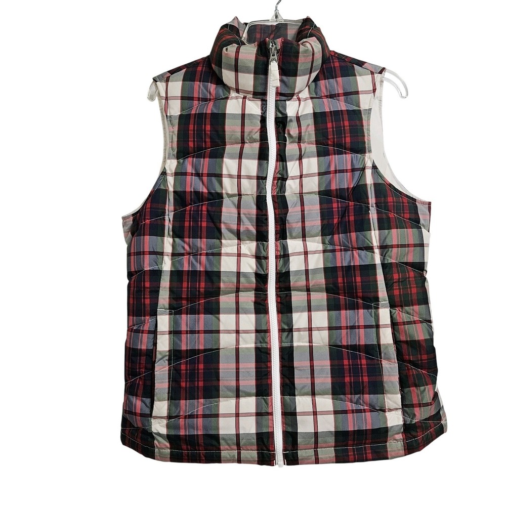 Lands' End Puffer Vest Women M 10-12 Red Green Plaid Down Blend Quilted Full Zip